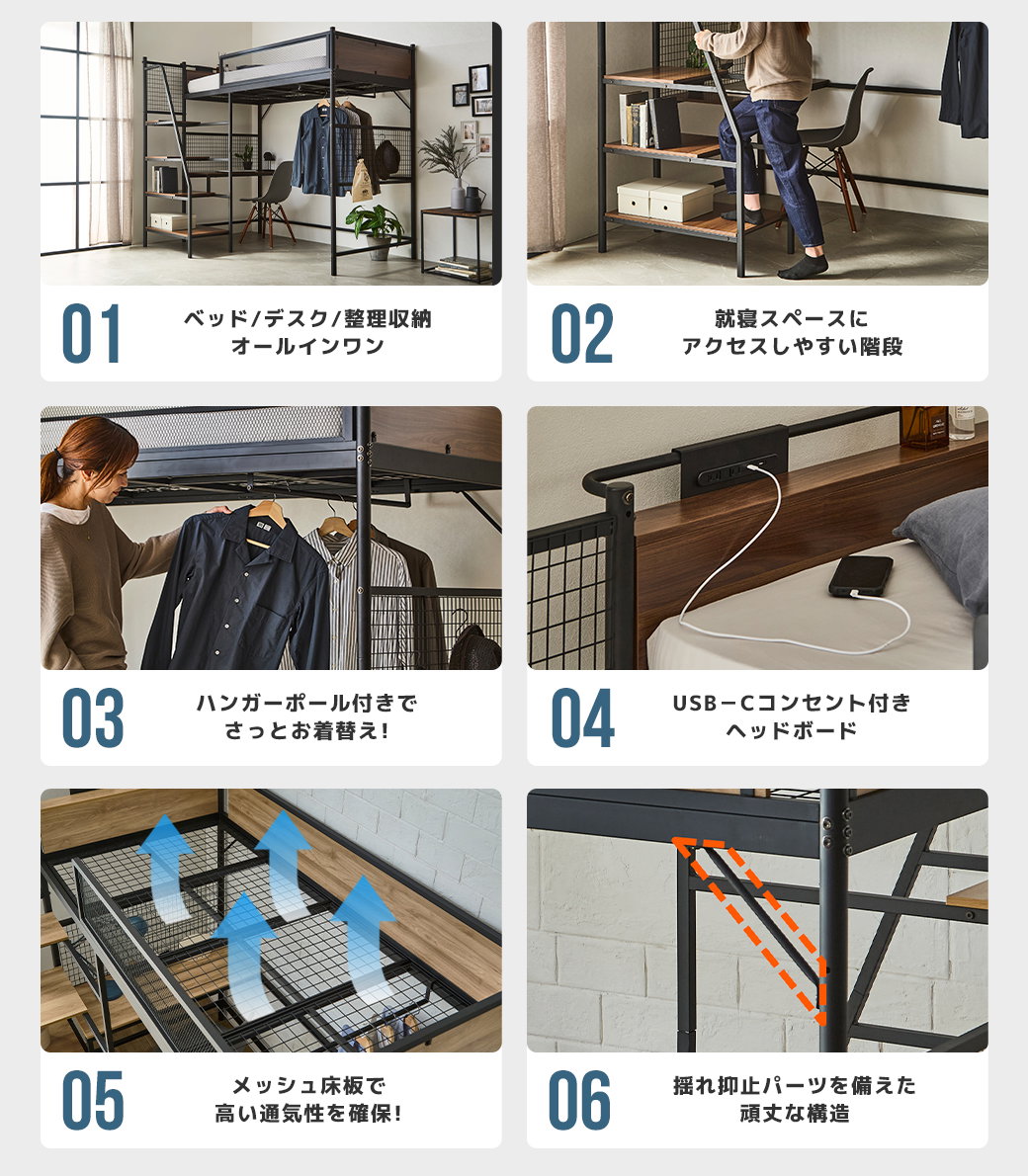 ロフトベッド 機能説明図 メッシュ床板 コンセント 階段 収納 ハンガーレール