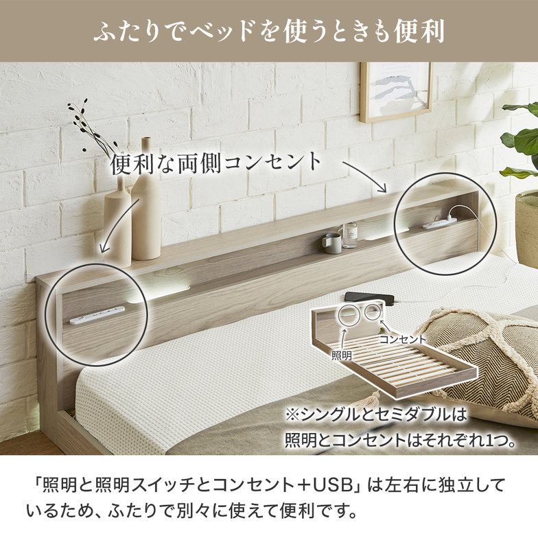 ローベッド 照明付きフロアベッド リグニス セミダブル 厚さ20cmマットレス付 すのこベッド フロアベッド USB・コンセント 連結 フレーム
