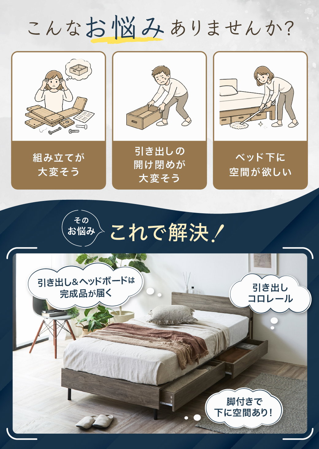 組み立て簡単、開閉スムーズな引き出し、掃除しやすい脚付き設計など、ベッド選びのお悩みを解決する機能紹介