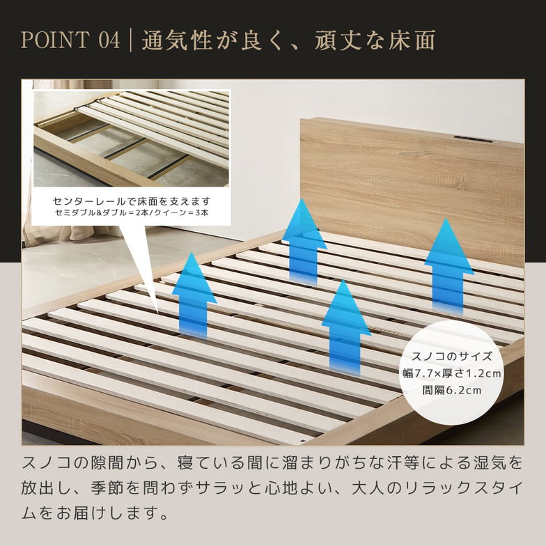 ステージベッド ナイトテーブル2台付き 宮棚付きベッド すのこベッド コンセント USB付き 木製 厚さ20cmマットレス付き クイーン ノクト 【大型家具配送】
