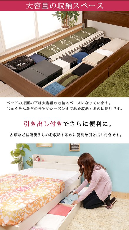 【ポイント10倍】ベッド シングル ベッドフレーム 収納ベッド 引出し付き 日本製 国産 コンセント付き 宮付き 棚付き 北欧 おしゃれ マットレス付き