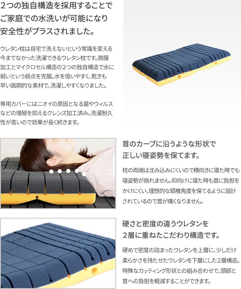 洗えるウレタン枕 アラエルーノピロー 日本製 硬め 150N
