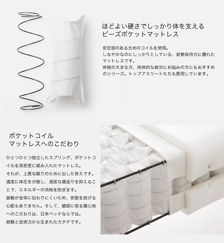 日本ベッド マットレス ビーズポケットベーシック シングルロング 長さ205cm ふつう(やや硬め) ポケットコイルマットレス 国産 【受注生産品】