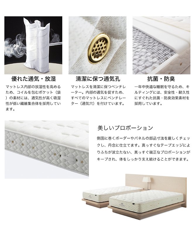 日本ベッド マットレス 選べる硬さ 超高密度ポケットコイル シルキーポケット(ウール入り) シングル 硬め ふつう 柔らかめ