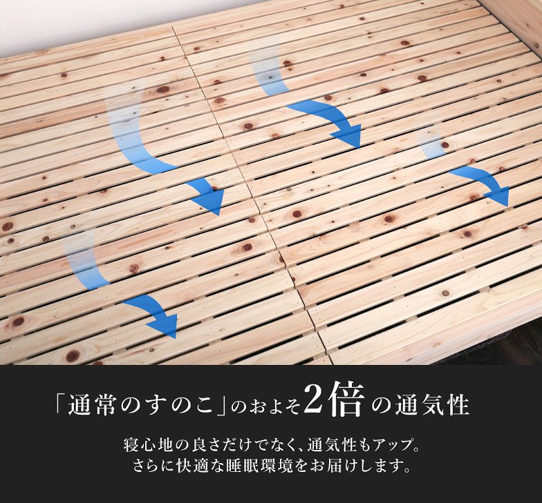 島根・高知四万十産檜すのこベッド セミダブル 幅122×長さ212×高さ71cm 国産 ひのき 宮付き コンセント2口付き 高さ4段階調節 木製