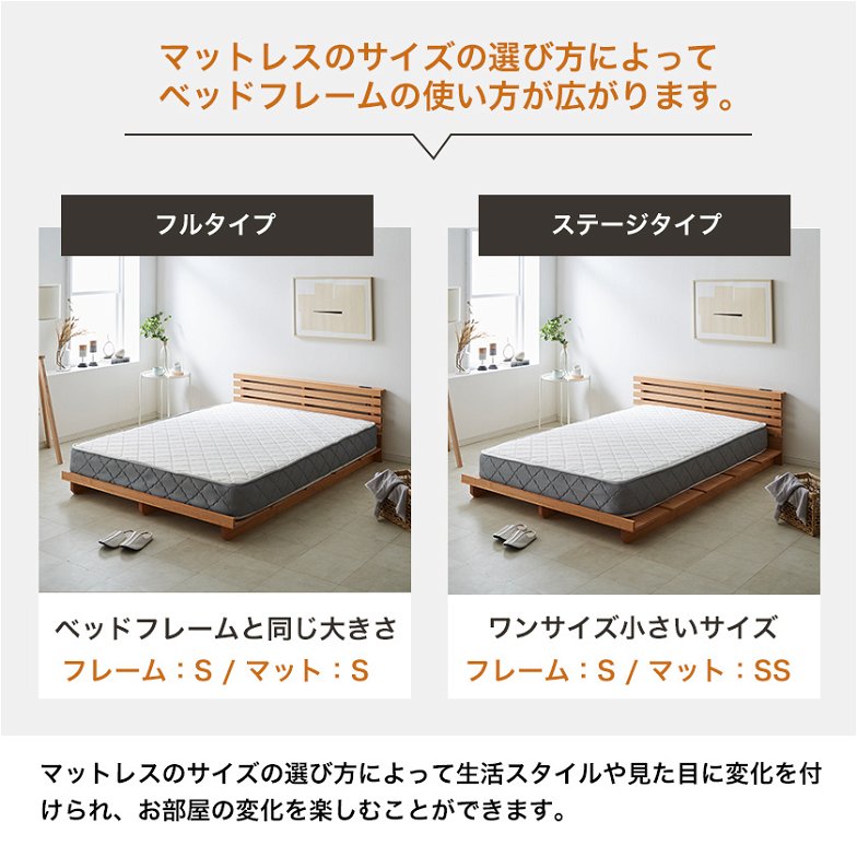 ステイシー ステージベッド キング (S×2フレーム) 棚付き ローベッド コンセント2口 タモ 桐 天然木 フロアベッド スマホスタンド付き キングベッド【フレームのみ】